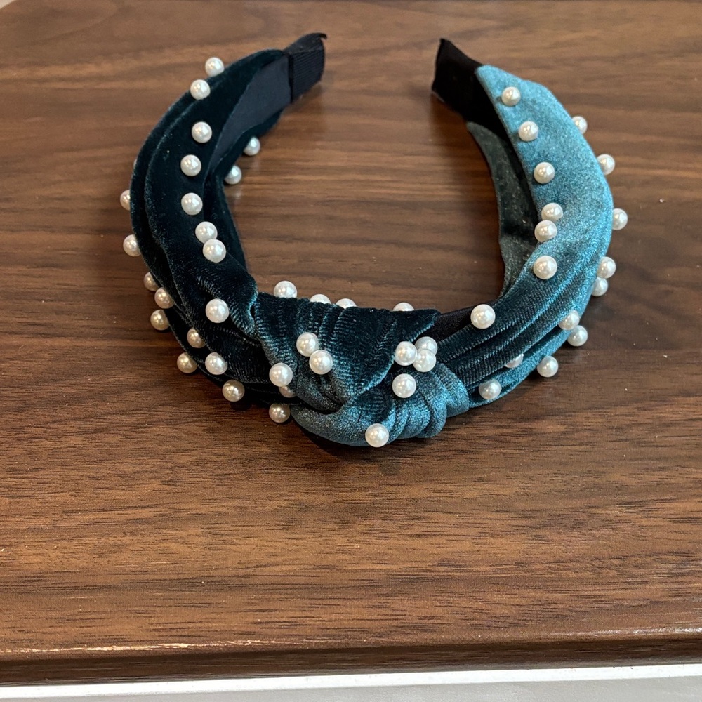 Teal Velvet Pearl-Studded Headband